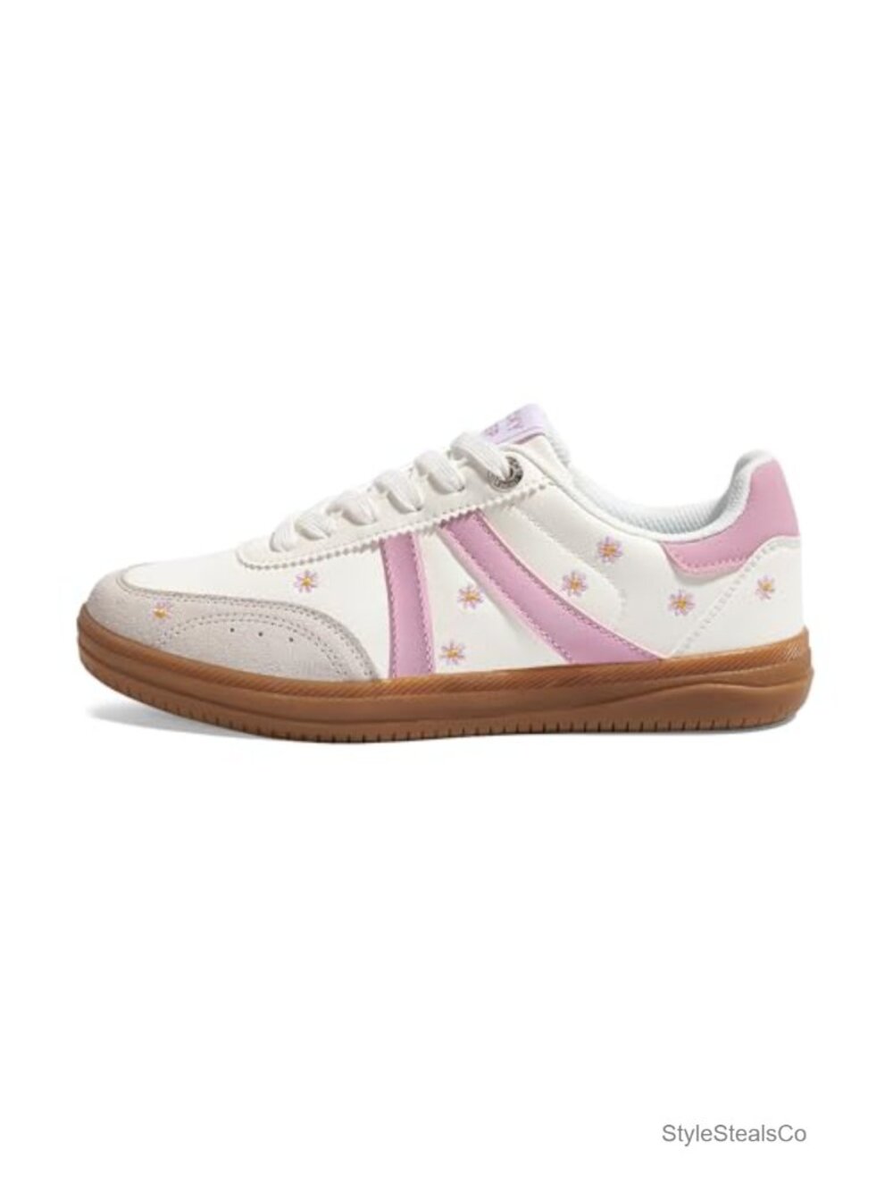 Retro Sneakers with Gum Sole, Cow Suede & Faux Leather, Floral Embroidery